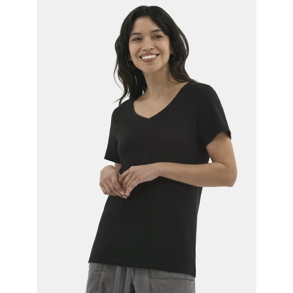 Time and Tru Women's Cotton V-Neck Tee with Short Sleeves, Sizes XS-XXXL