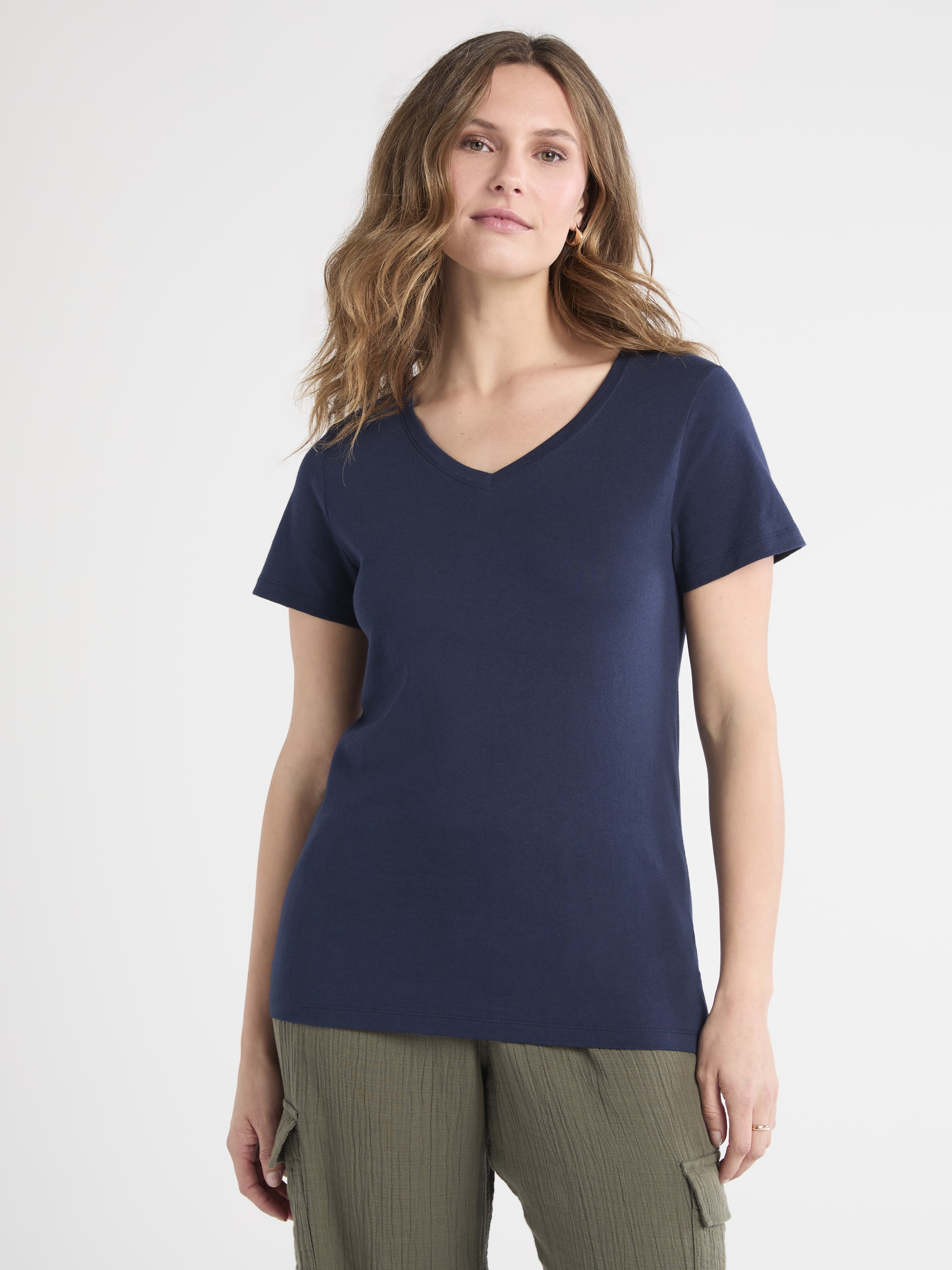 Time and Tru Women's Cotton V-Neck Tee with Short Sleeves, Sizes XS-4X