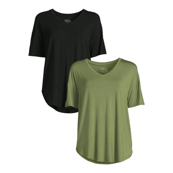 Time and Tru Women's V-Neck Tunic T-Shirt, 2-Pack
