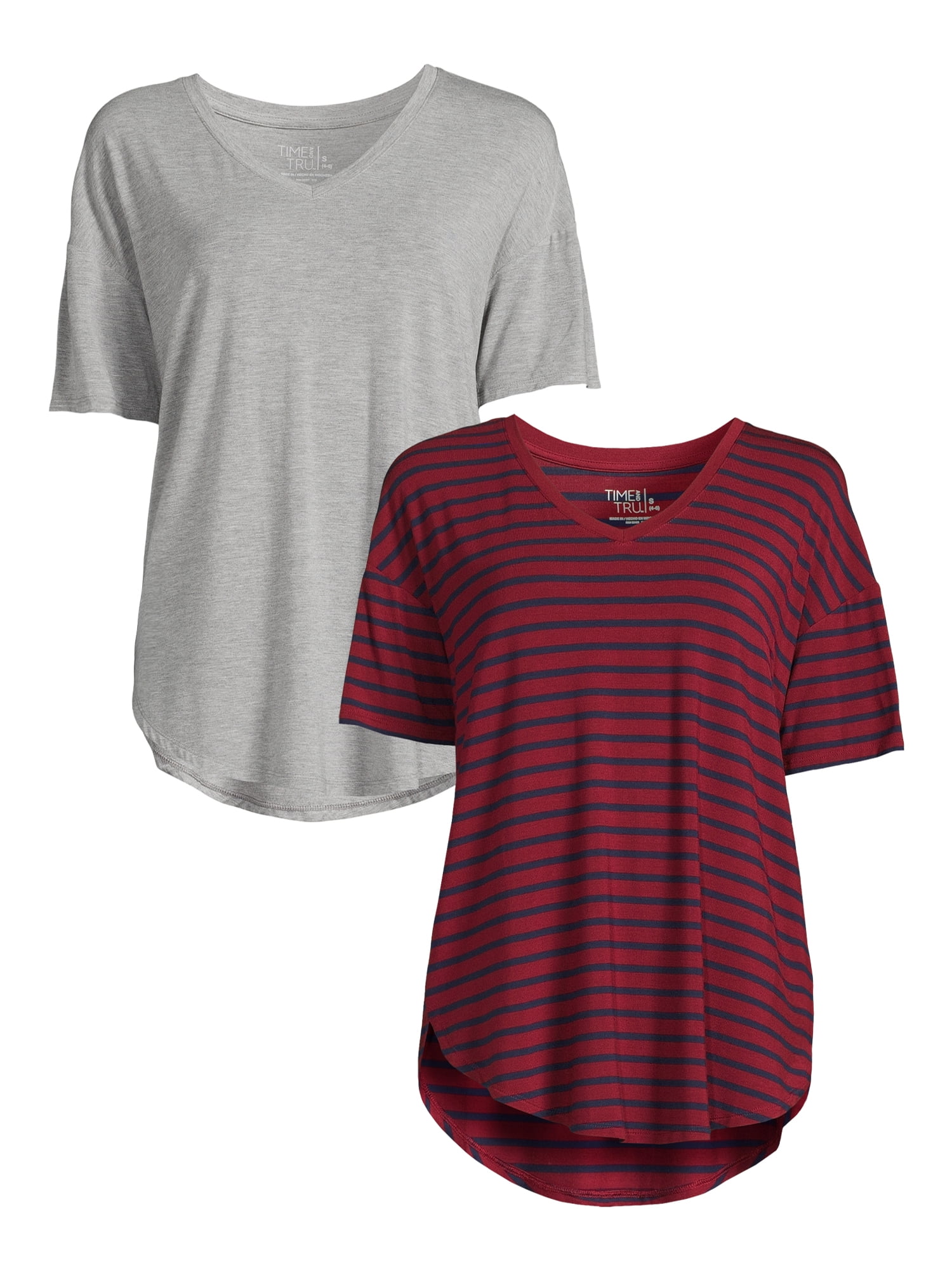 Time and Tru Women's V-Neck Tunic T-Shirt, 2-Pack