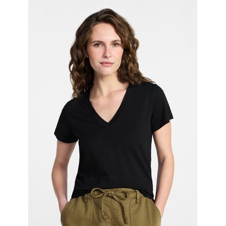 Time and Tru Women’s V-neck Slub Tee with Short Sleeves, Sizes 1X-4X