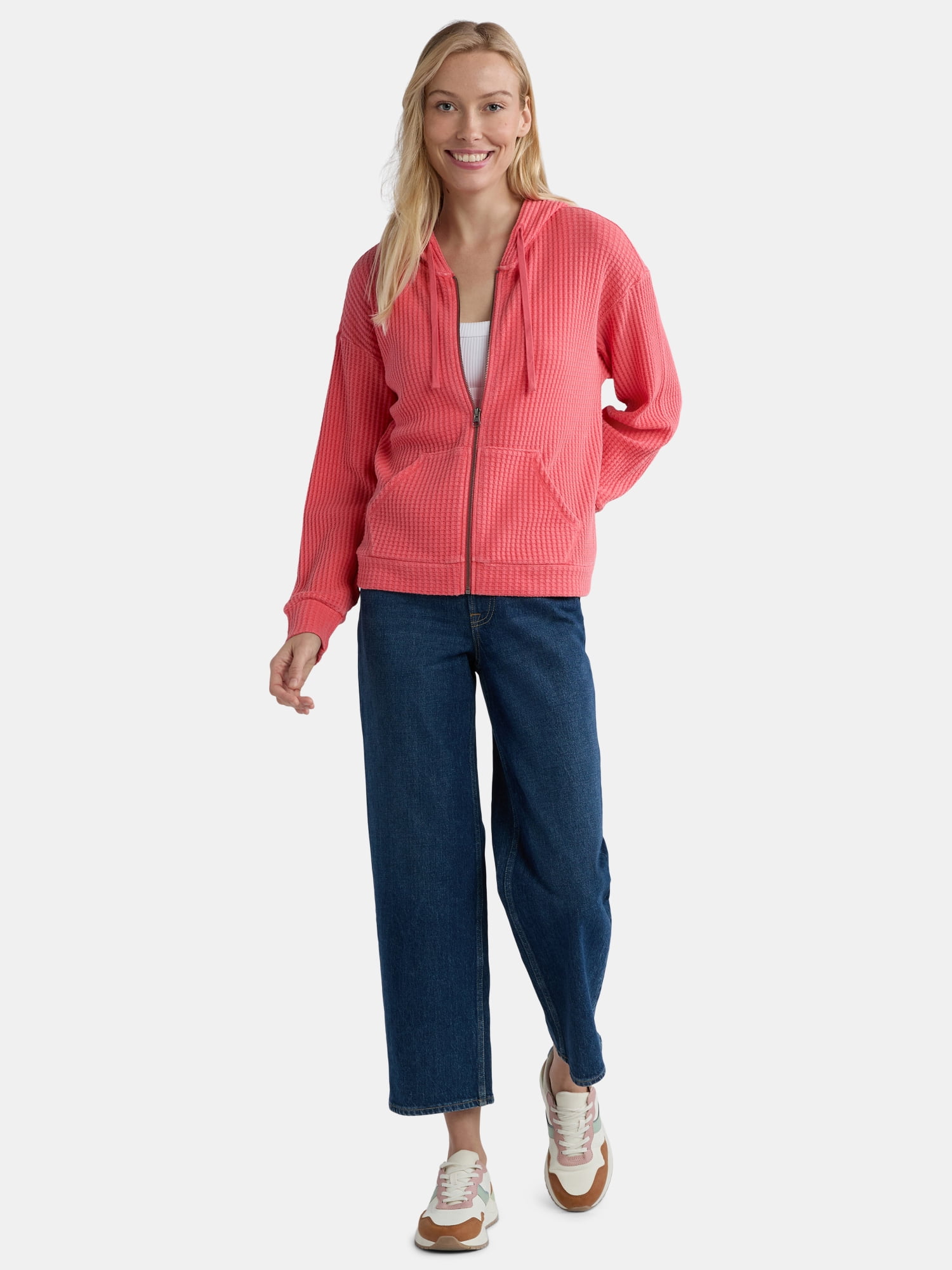 Time and Tru Women's Waffle Full Zip Hoodie with Long Sleeves, Sizes S-XXXL