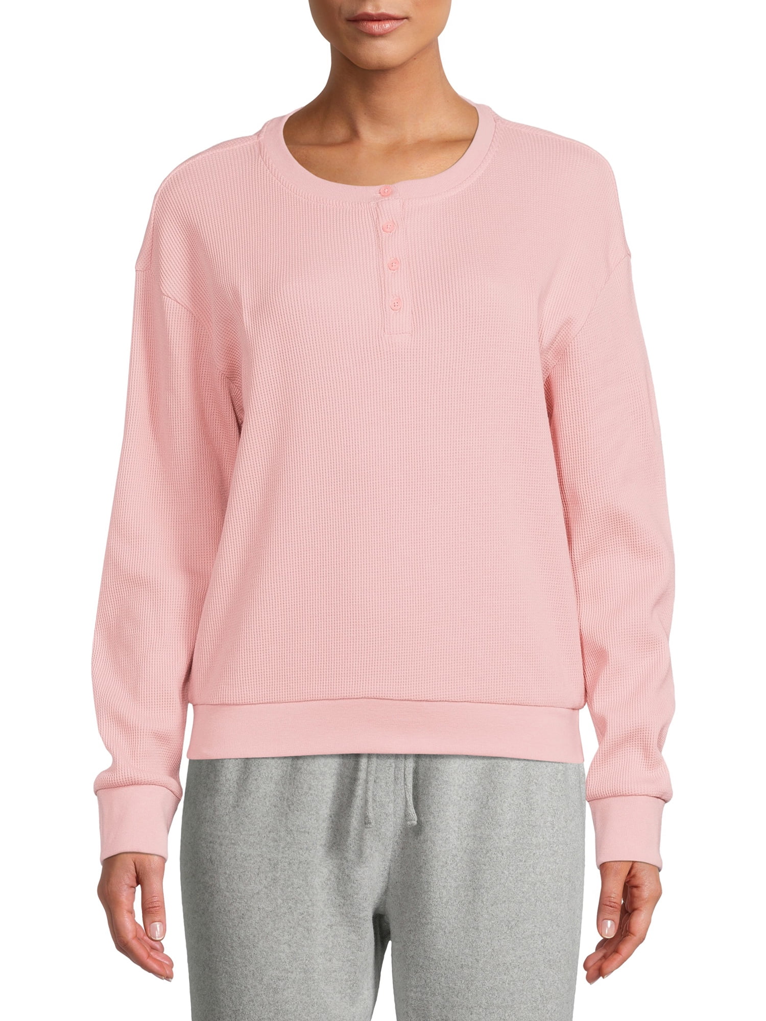Time and Tru Women's Waffle Henley Top with Long Sleeves