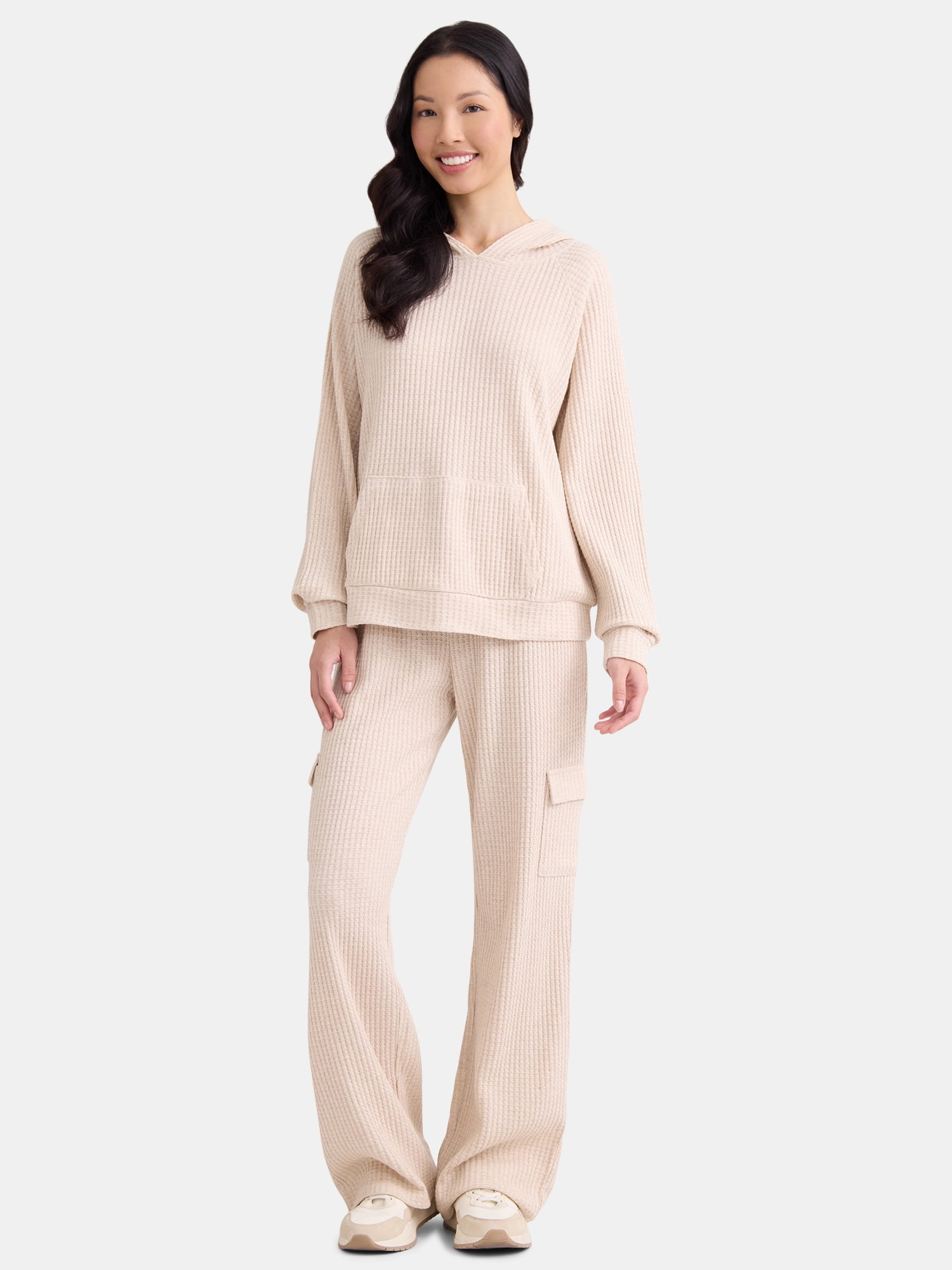 Ameri◆RECOVER WAFFLE PANTS、HOODIE set Time & Tru Women's Waffle Lounge Hoodie and Sweatpants Set