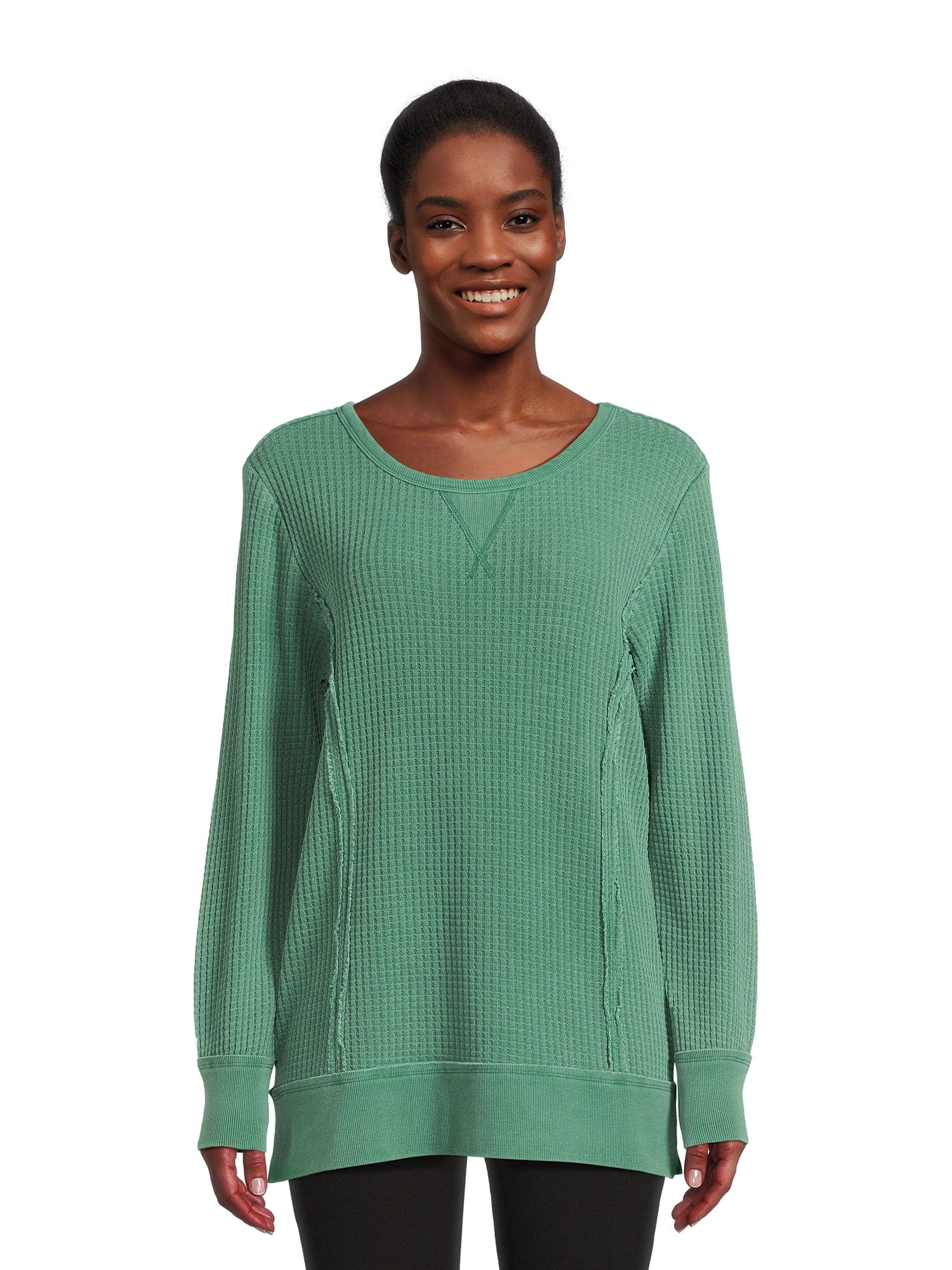 Time and Tru Women's Waffle Pullover Top with Long Sleeves, Sizes XS-3XL 