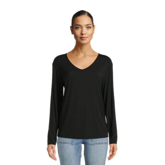 Time and Tru Women's Washed V-Neck T-Shirt with Long Sleeves, Sizes XS-XXXL