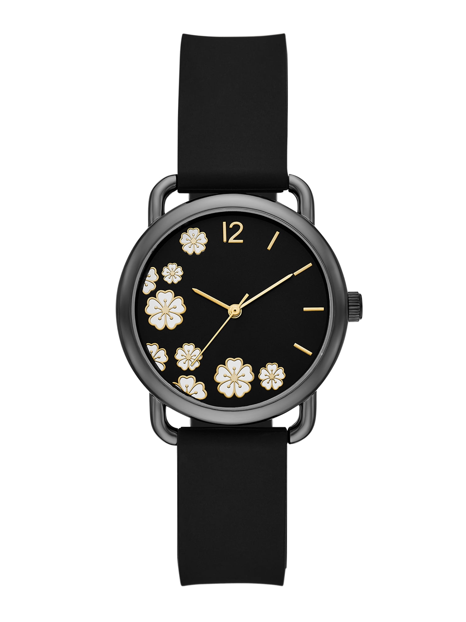 Time and Tru Women's Watch, Gunmetal Round Case, Black Sunray Dial with White Flowers and Black Faux Leather Strap (FMDOTT101)