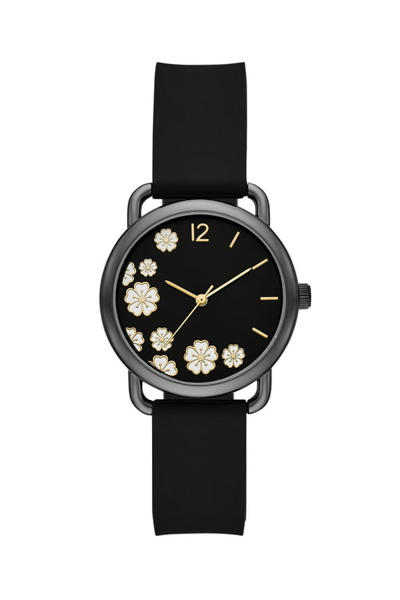 Women's Watch, Gunmetal Round Case, Black Sunray Dial with White Flowers and Black Faux Leather Strap (FMDOTT101)