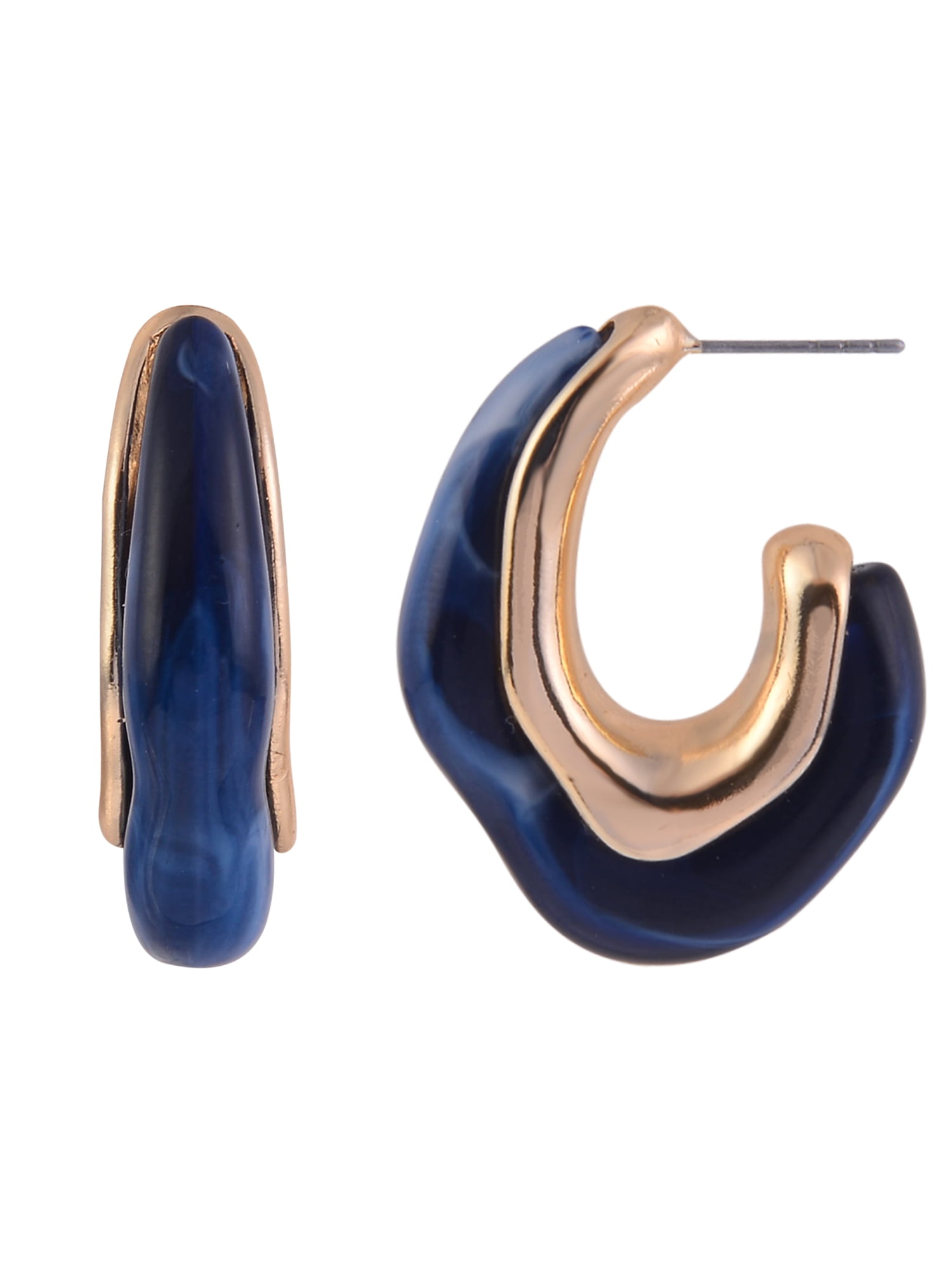 TIME AND TRU Women's Wavy Acrylic Blue Goldtone C-Hoop Earrings