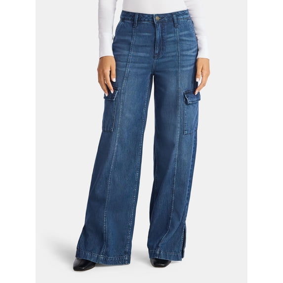 Time and Tru Women's Wide Leg Cargo Jeans, 31" Inseam, Sizes 0-20