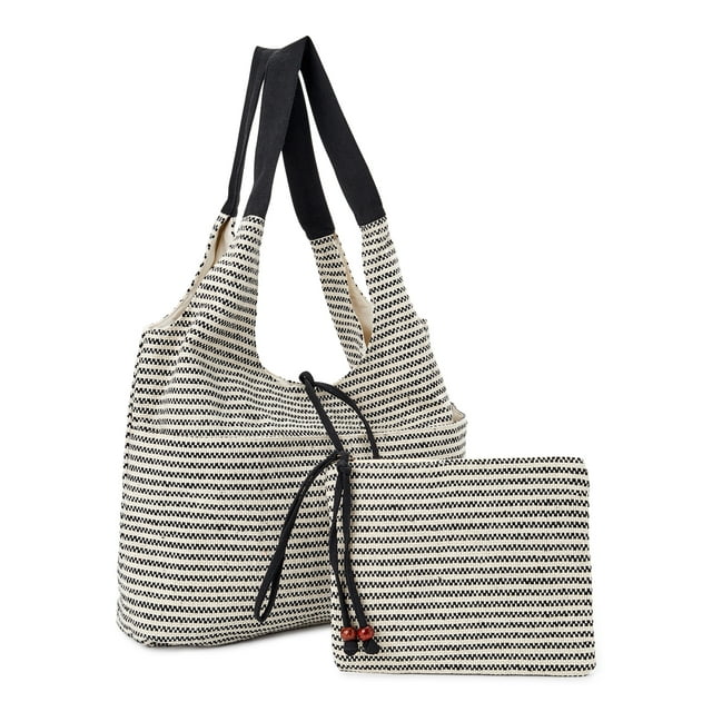 Time and Tru Women's Woven Beach Tote and Pouch, 2-Piece Set Black ...