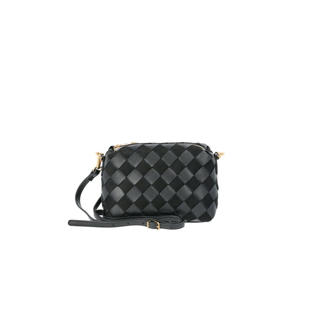 Time and Tru Women's Faux Leather and Suede Woven Camera Crossbody Bag, Black