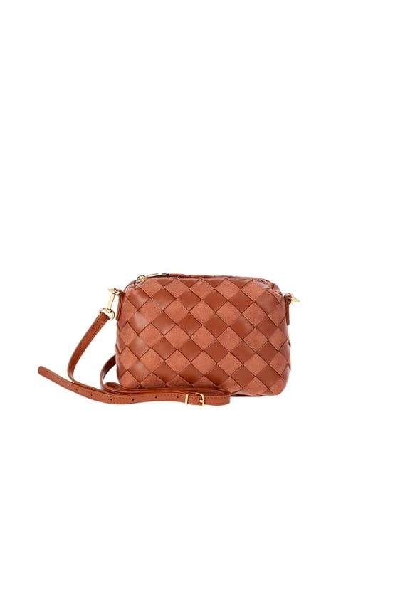 Women's Faux Leather and Suede Woven Camera Crossbody Bag, Cognac