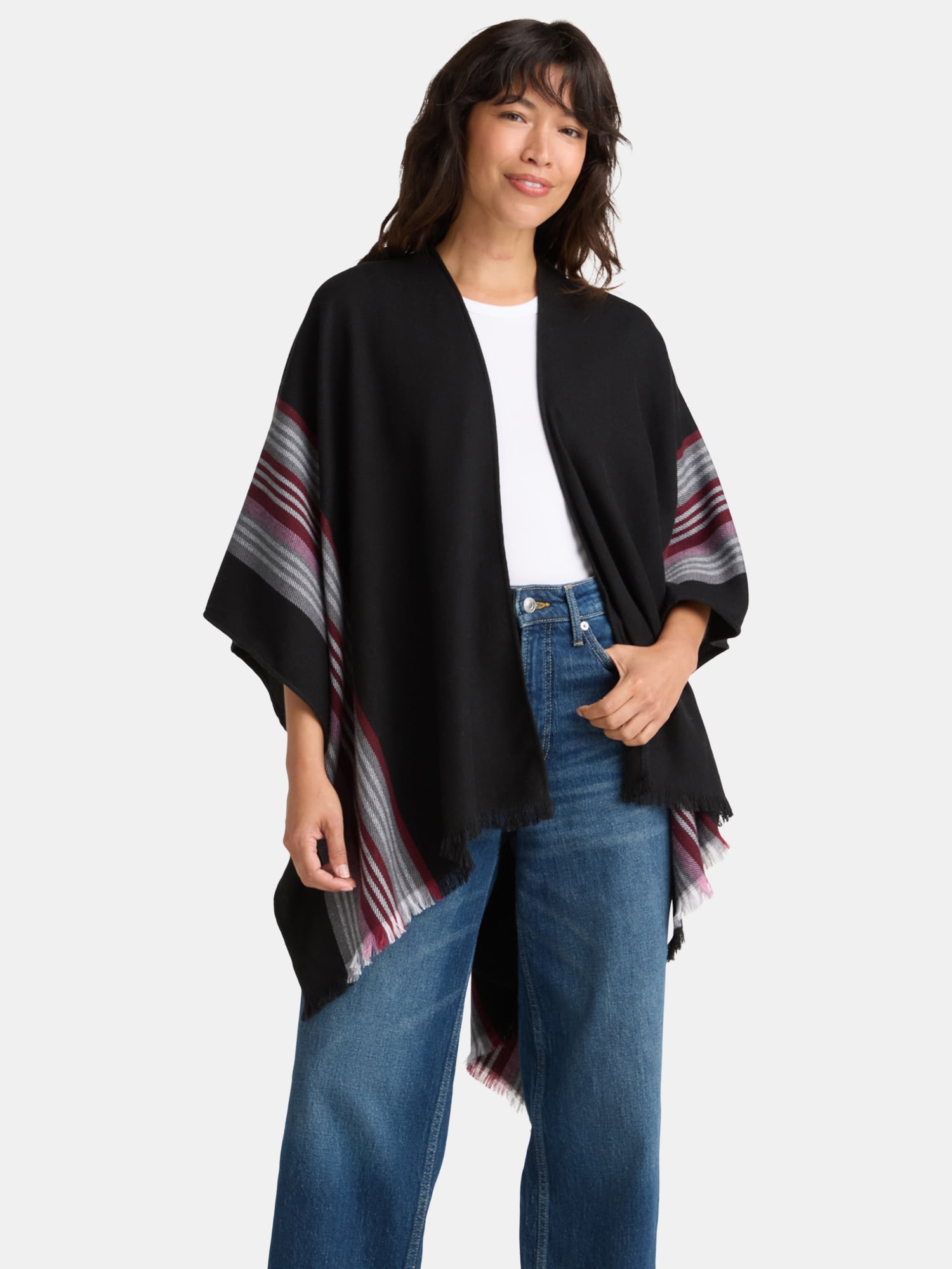 Time and Tru Women's Woven Fashion Coverup with Stripe Border Detail, One Size, Black Multi
