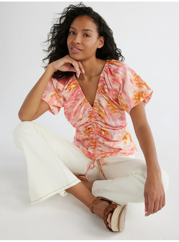 Time and Tru Women’s Woven Top with Puff Sleeves, Sizes XS-XXXL