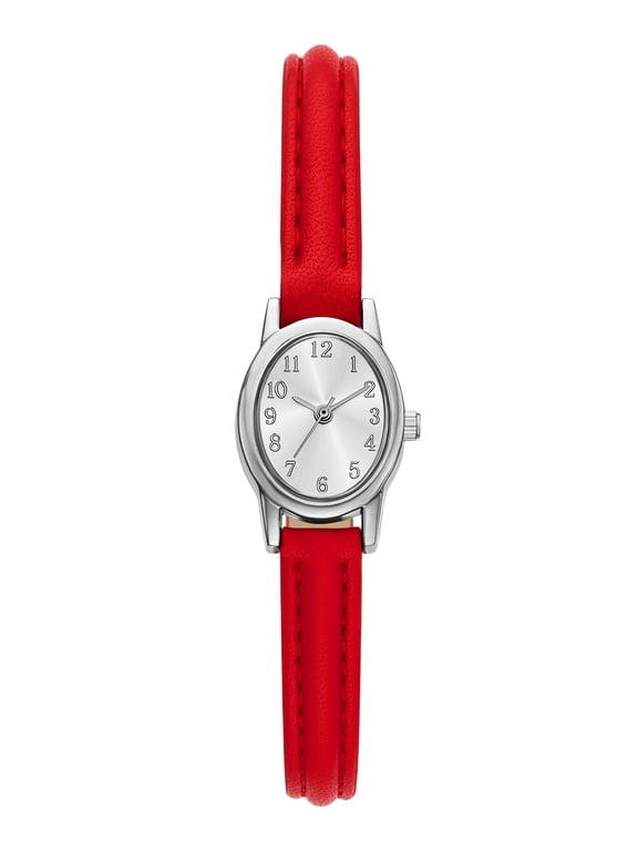 Women's Wristwatch, Silver Tone 19mm Oval Case, Silver Sunray Dial, Red Faux Leather Strap (FMDOTT114)