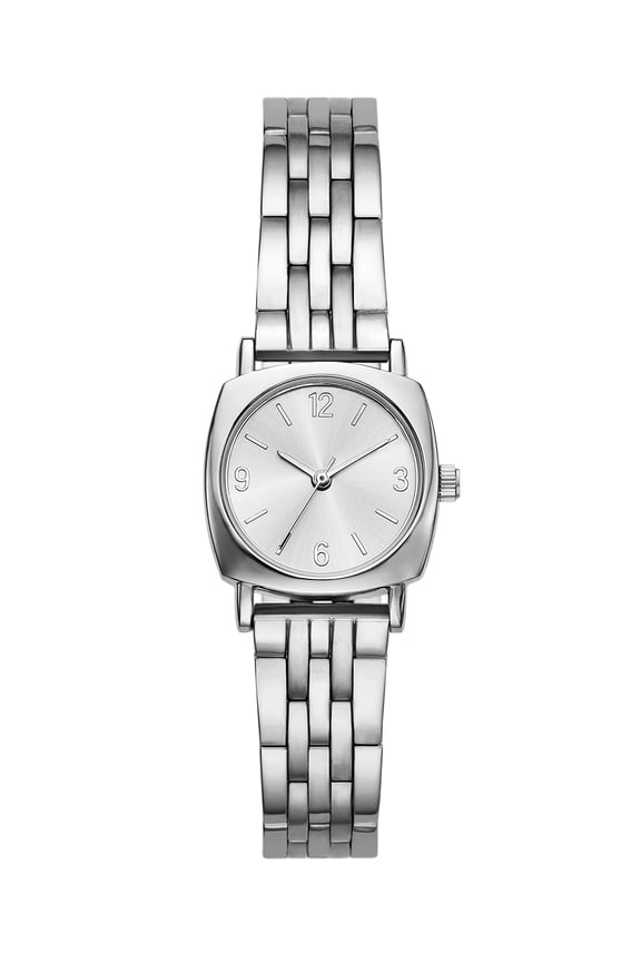 Women's Wristwatch, Silver Tone 26mm Square Cushion Case, Silver Sunray Dial, Silver Tone 5-Link Bracelet (FMDOTT113)