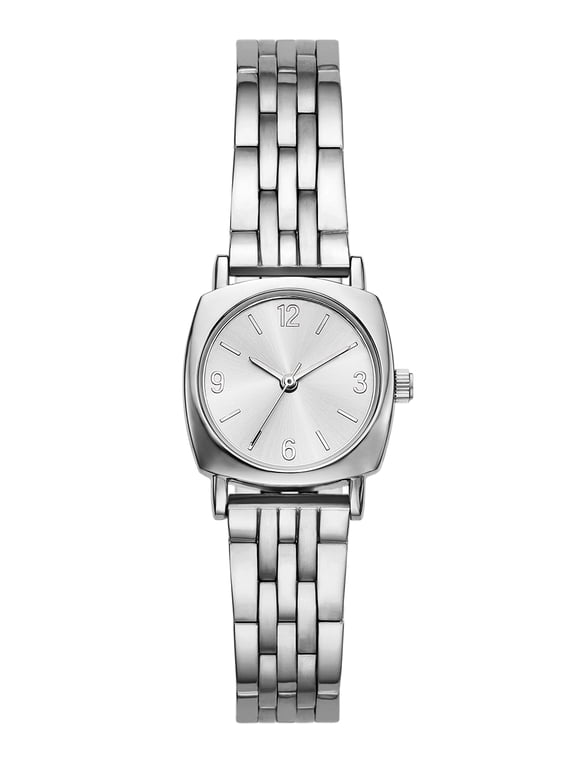Women's Wristwatch, Silver Tone 26mm Square Cushion Case, Silver Sunray Dial, Silver Tone 5-Link Bracelet (FMDOTT113)