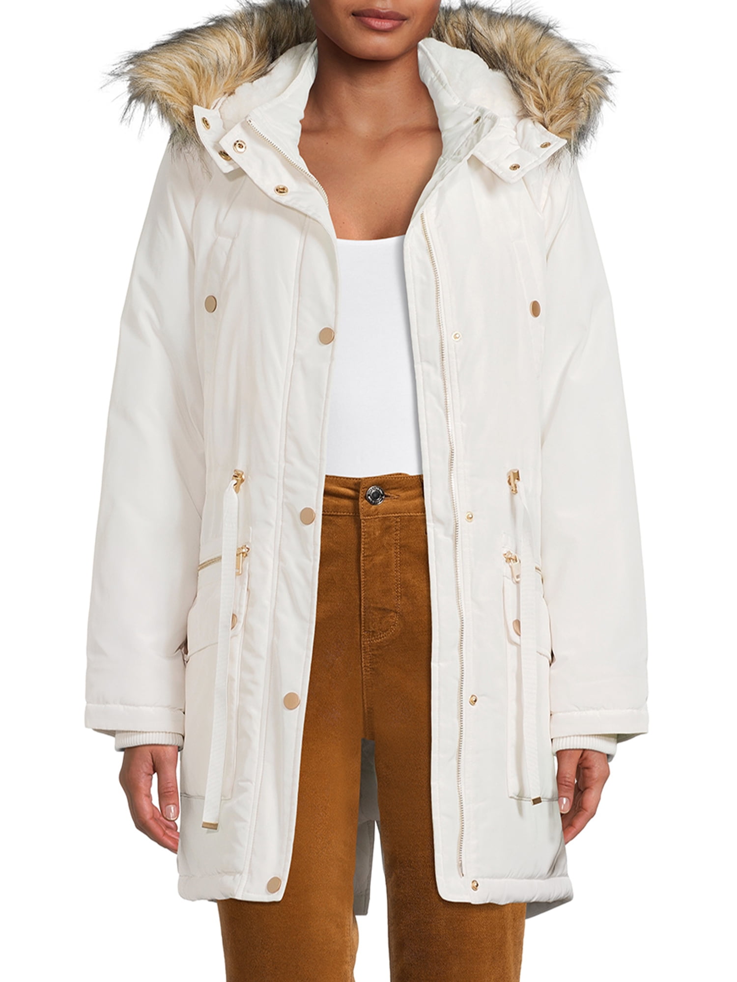Time and Tru Women s and Plus Anorak Coat with Faux Fur Trim Hood