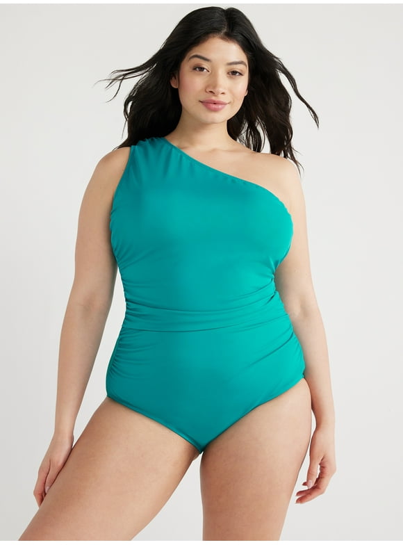 Time and Tru Women's and Plus Atoll One Shoulder One Piece Swimsuit, Sizes XS-3X
