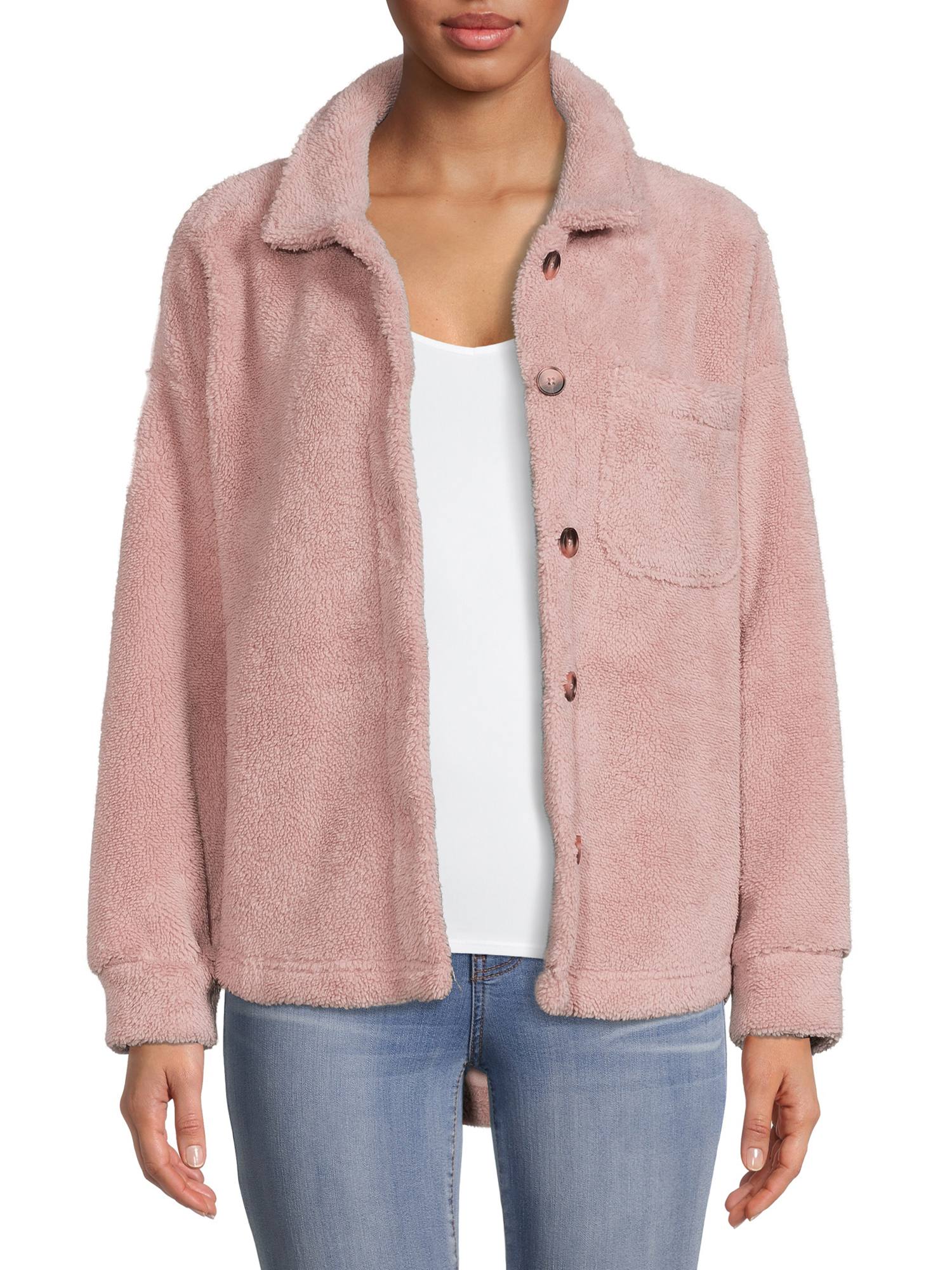 Time and Tru Women's and Plus Faux Sherpa ButtonFront Jacket
