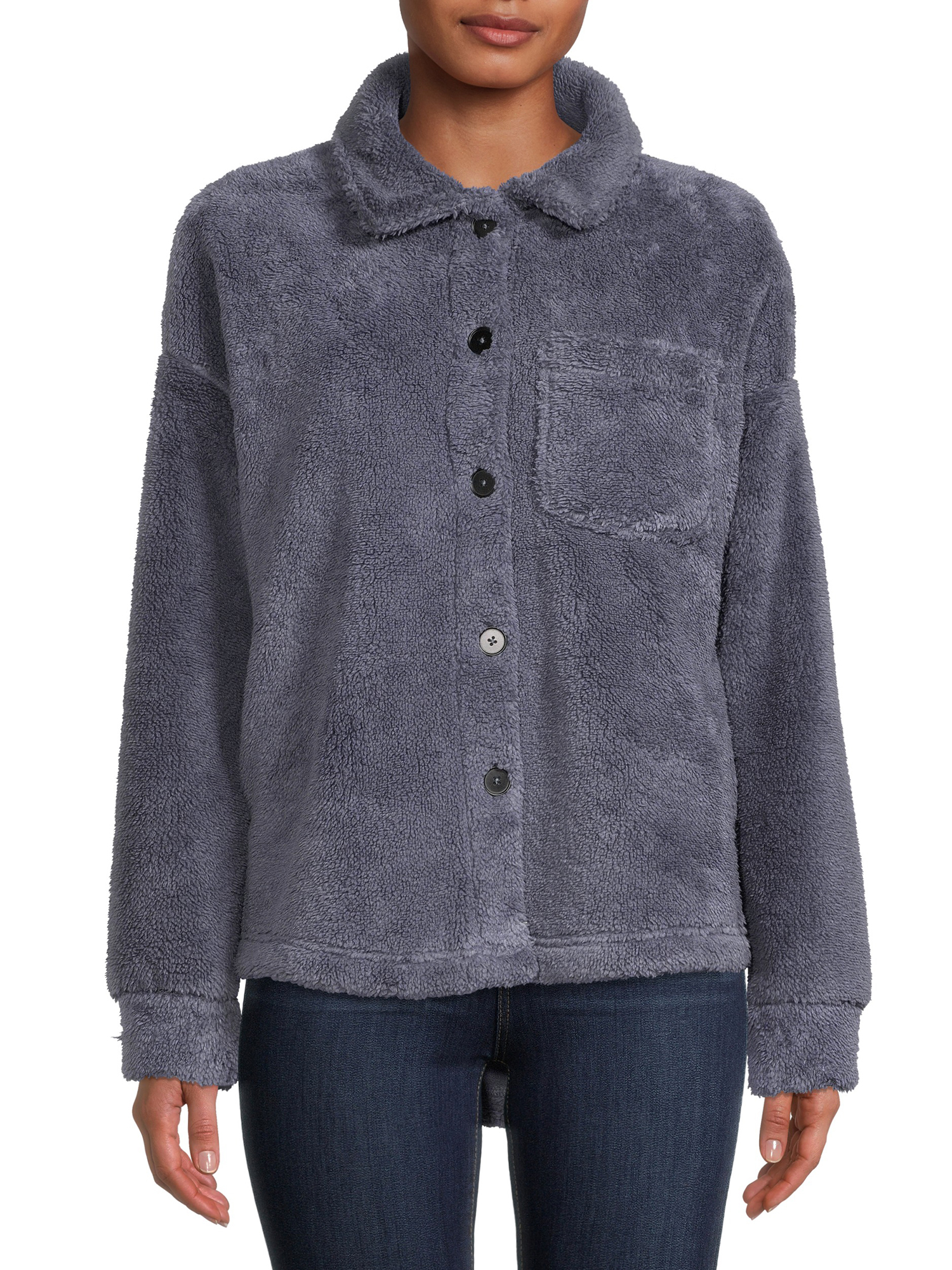 Time and Tru Women's and Plus Faux Sherpa Button-Front Jacket - image 1 of 5