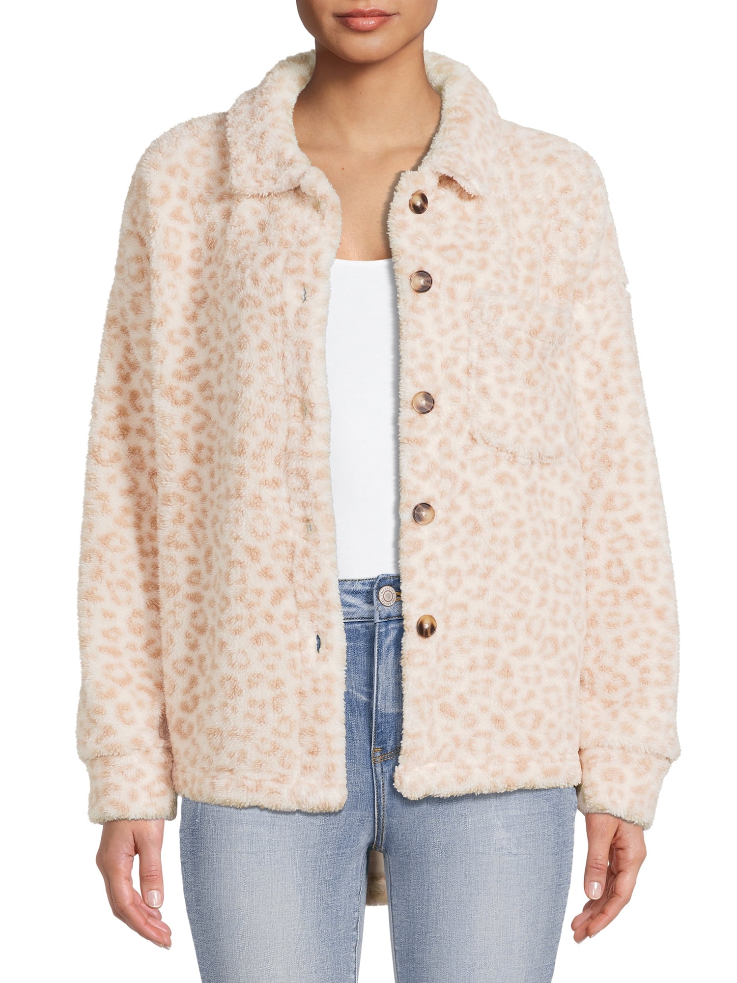 Time and Tru Women's and Plus Faux Sherpa ButtonFront Jacket