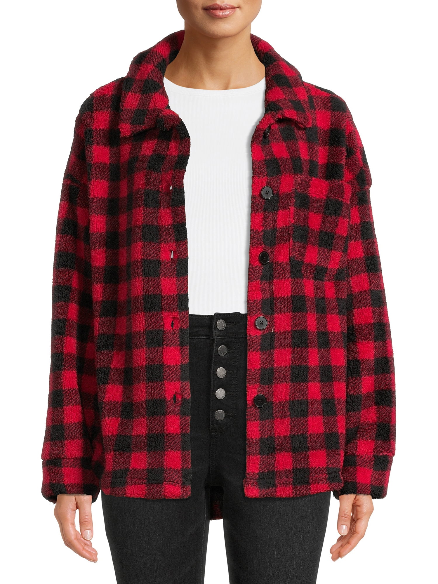 Time and Tru Women's and Plus Faux Sherpa ButtonFront Jacket