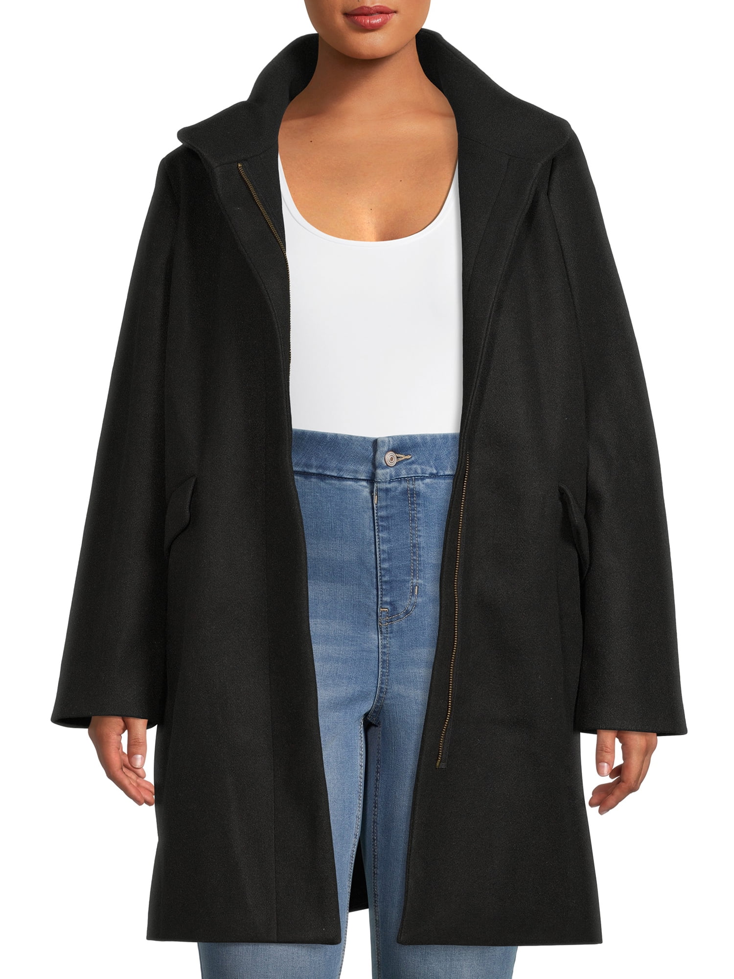 Time and Tru Women’s and Plus Faux Wool Funnel Neck Coat