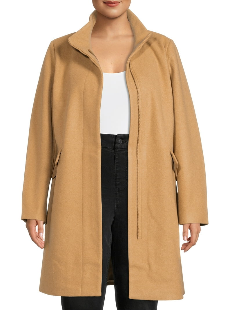 Time and Tru Women's and Plus Faux Wool Funnel Neck Coat - Main Image