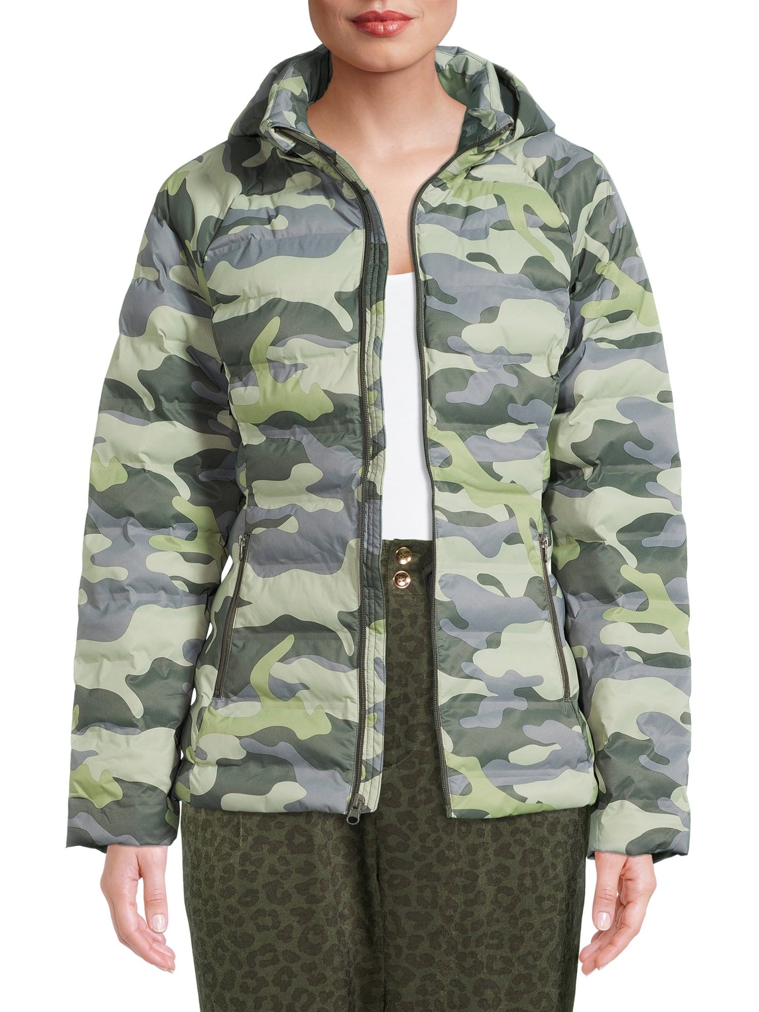 Time and Tru Women's and Plus Packable Stretch Zip Up Puffer Jacket