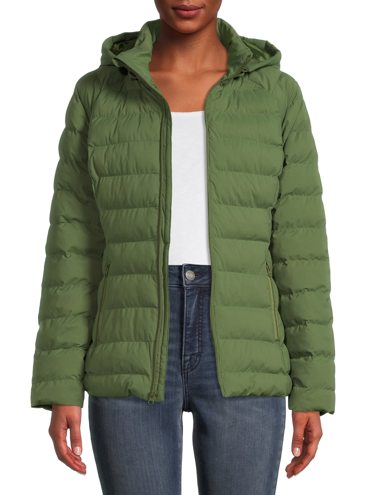 Time and Tru Women's and Plus Packable Stretch Zip Up Puffer Jacket