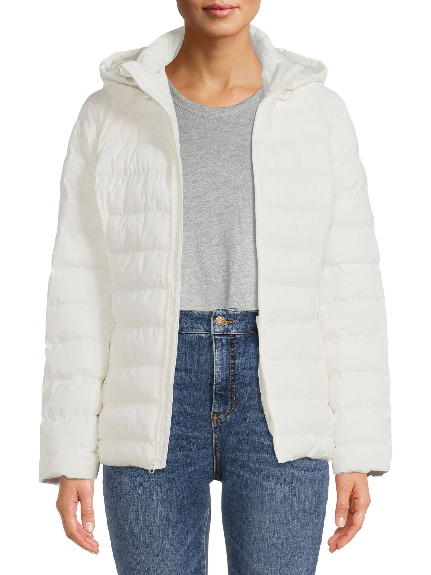 Time and Tru Women's and Plus Packable Stretch Zip Up Puffer Jacket