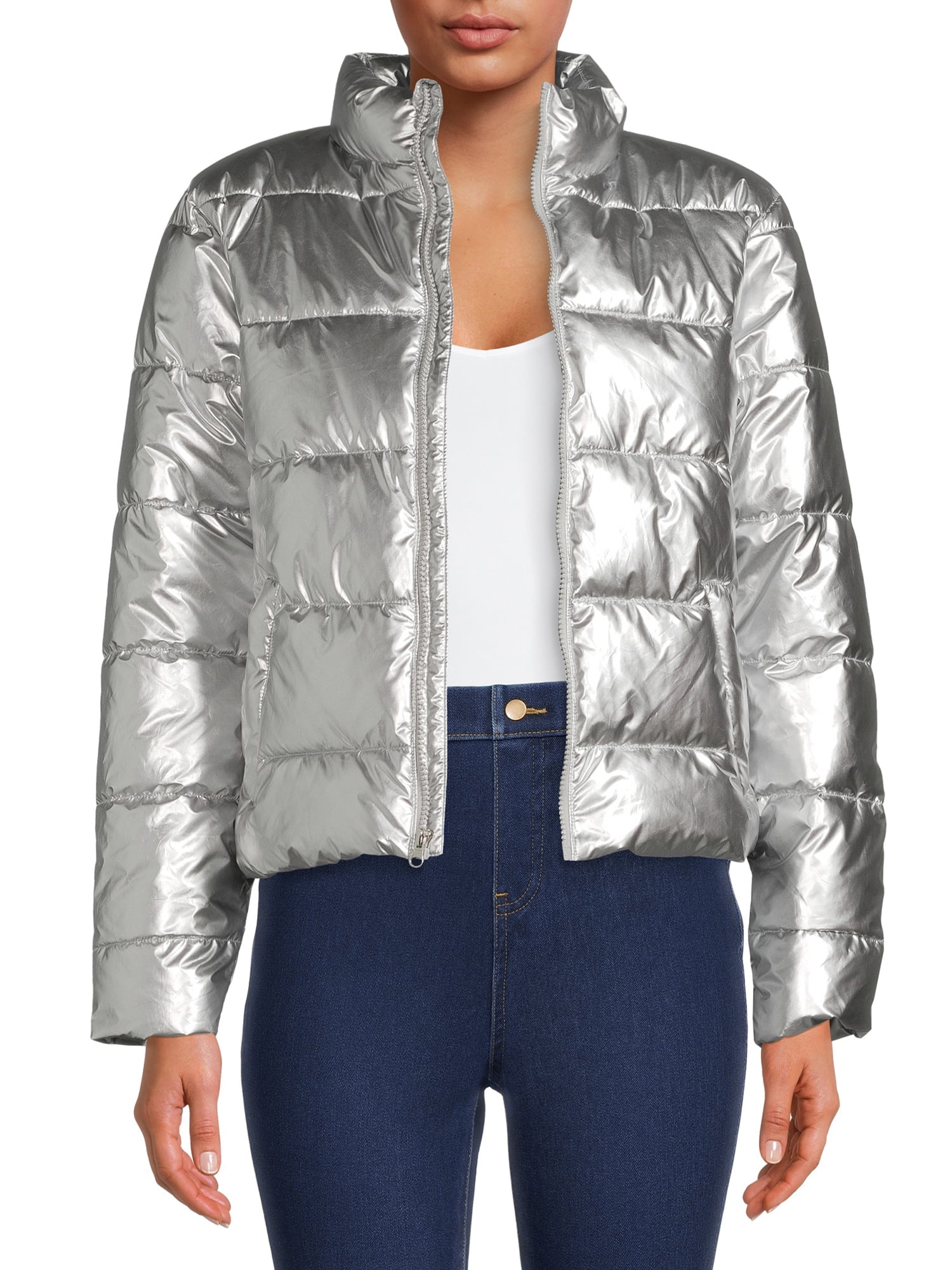 WIND PROTECTION METALLIC CROPPED PUFFER ANORAK - Silver