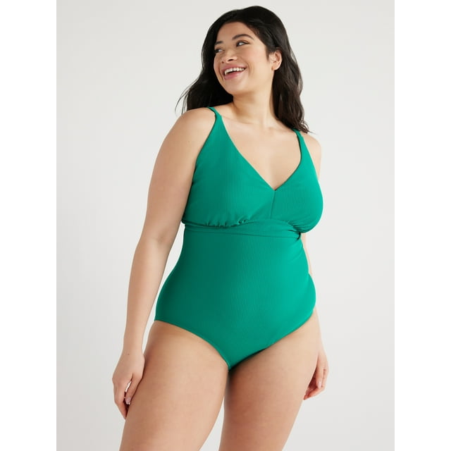 Time and Tru Women's and Plus Ribbed One Piece Swimsuit, Sizes S-3X