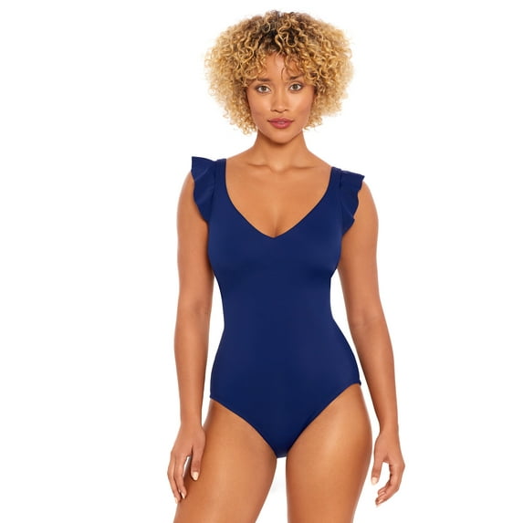 Time and Tru Women's and Plus Solid Ruffle Strap One Piece Swimsuit, Sizes S-3X