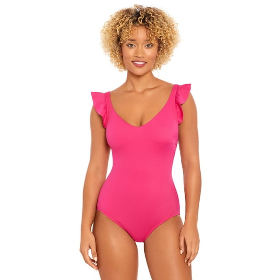 Time and Tru Women's and Plus Solid Ruffle Strap One Piece Swimsuit, Sizes S-3X