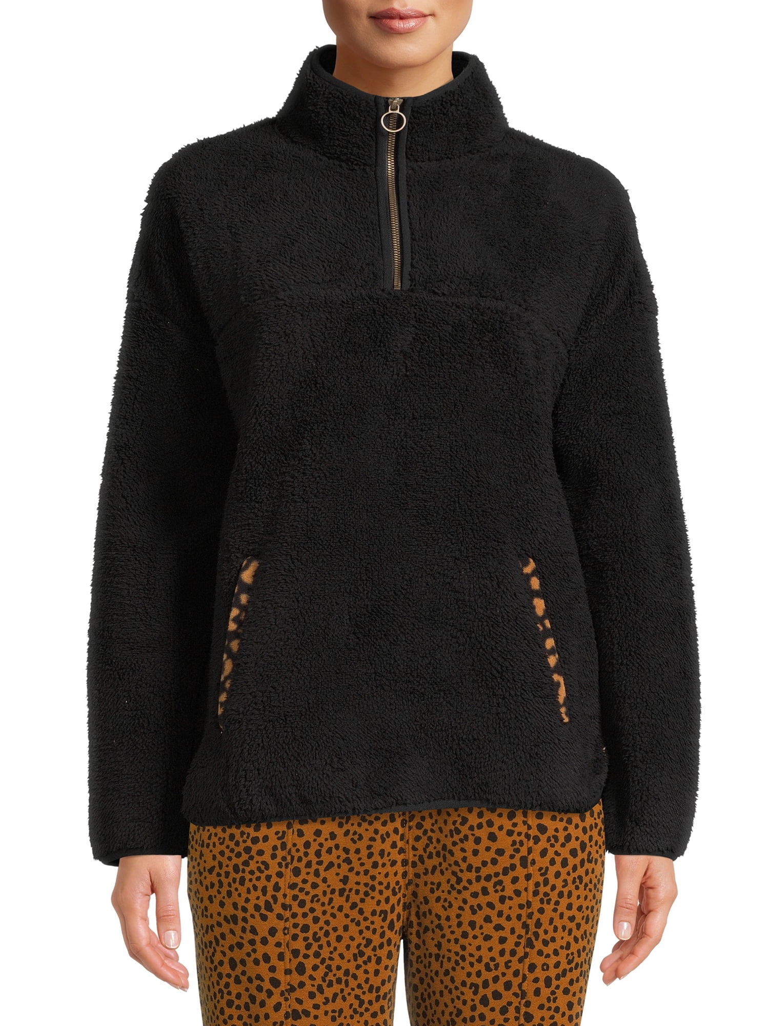 Time and Tru Women s and Plus faux shearling Quarter Zip Pullover Top Walmart
