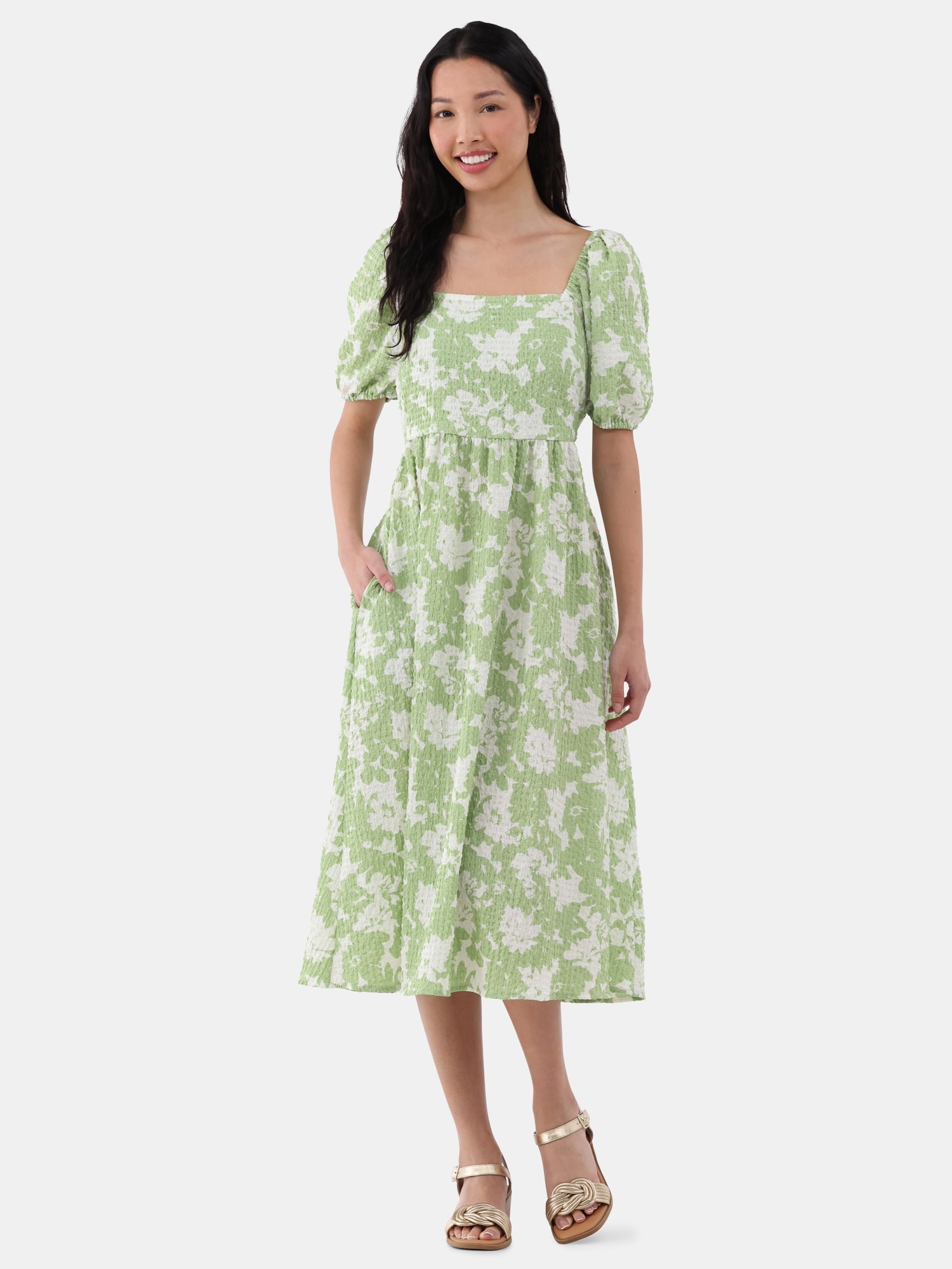 Time and Tru Women's and Women's Plus Cotton Back Tie Midi Dress with Short Puff Sleeves, Sizes XS-4X