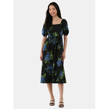 Time and Tru Women's and Women's Plus Back Tie Midi Dress with Puff Sleeves, Sizes XS-XXXL
