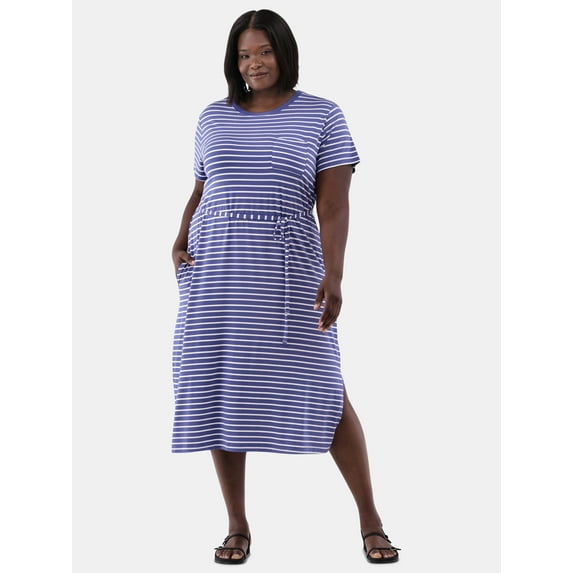 Time and Tru Women's and Women's Plus Belted Dress with Short Sleeves, Sizes XS-4X