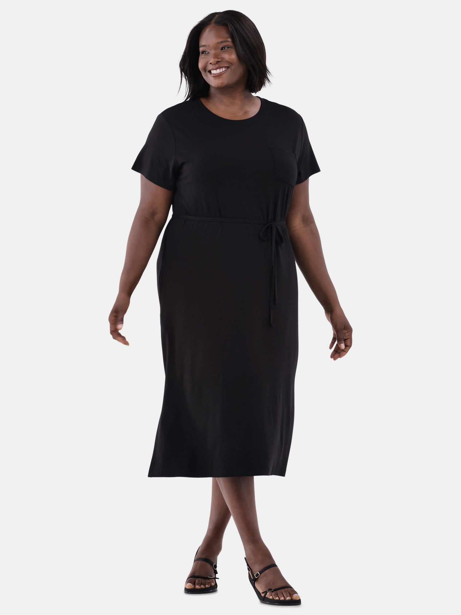 Time and Tru Women's and Women's Plus Belted Dress with Short Sleeves, Sizes XS-4X