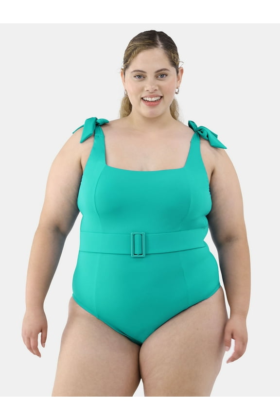 Women's and Women's Plus Belted One-Piece Swimsuit with Tie Shoulders, Sizes S-3X