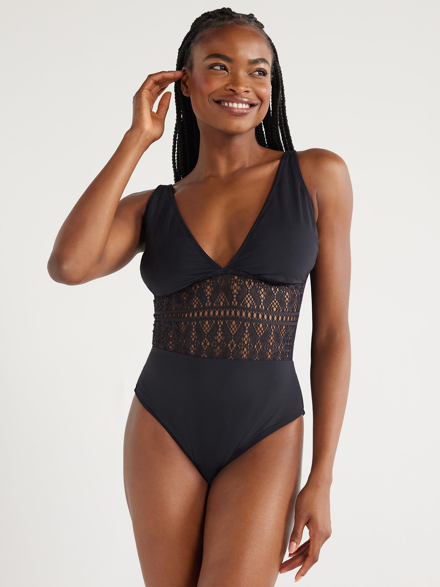 Time and Tru Women's and Women's Plus Black Crochet Plunge One Piece Swimsuit, Sizes S-3X