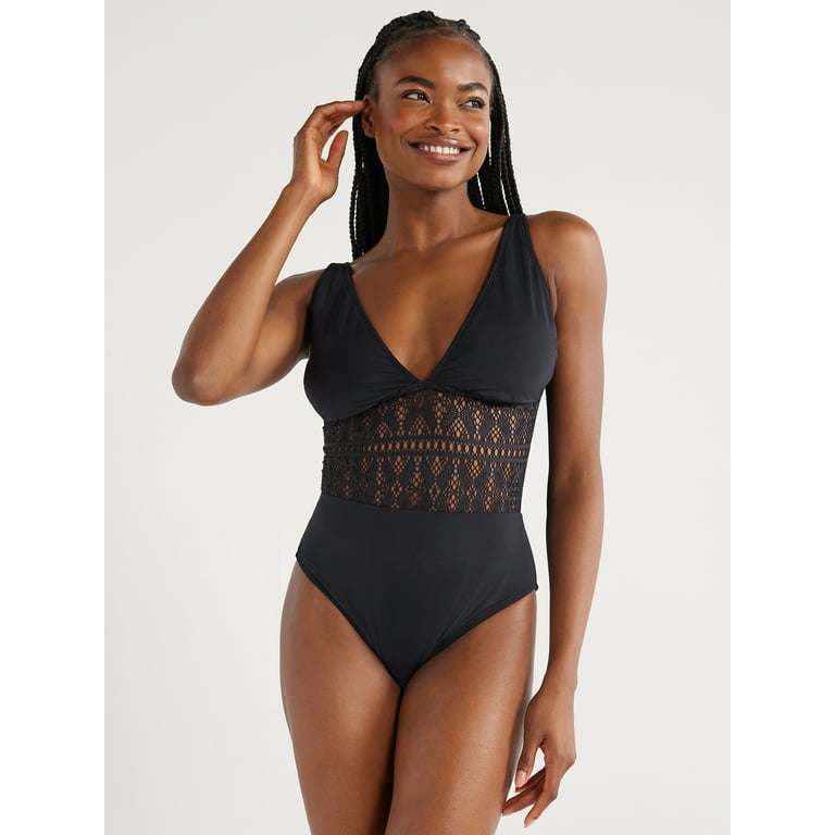 Time and Tru Women's and Women's Plus Black Crochet Plunge One Piece  Swimsuit, Sizes S-3X