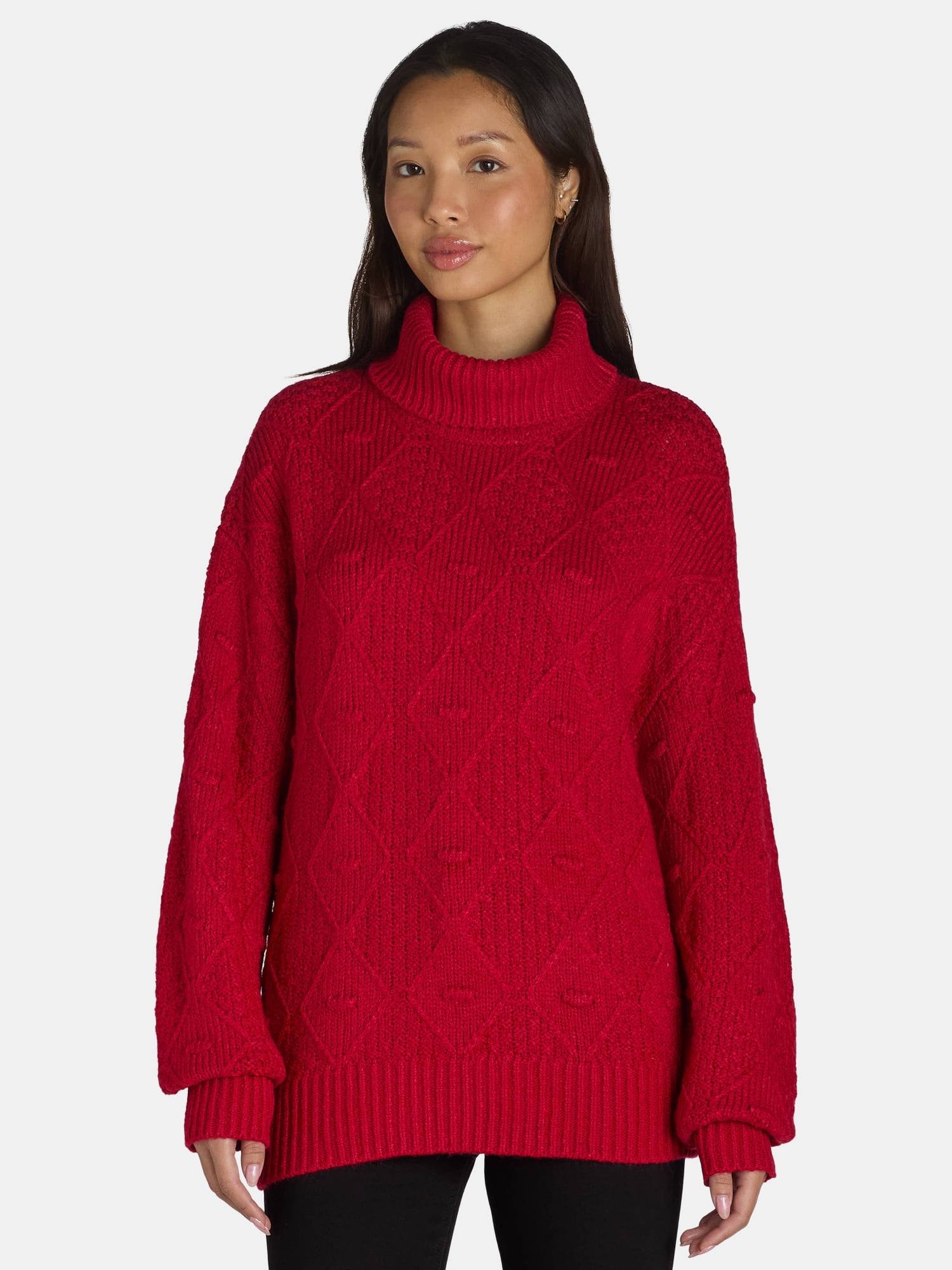 Time and Tru Women's and Women's Plus Bobble Knit Turtleneck Sweater, Midweight, Size XS-4X