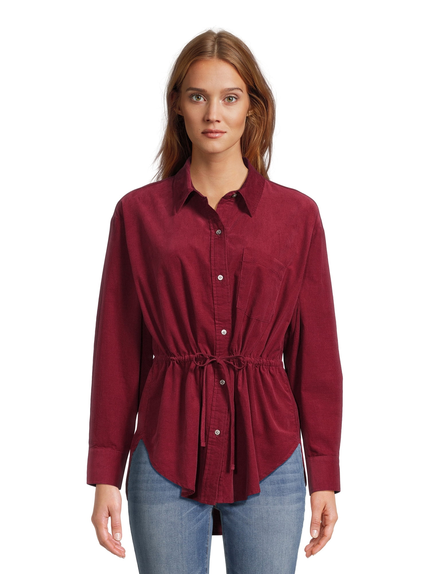 Time and Tru Women's and Women's Plus Button Down Drawstring Shirt with ...