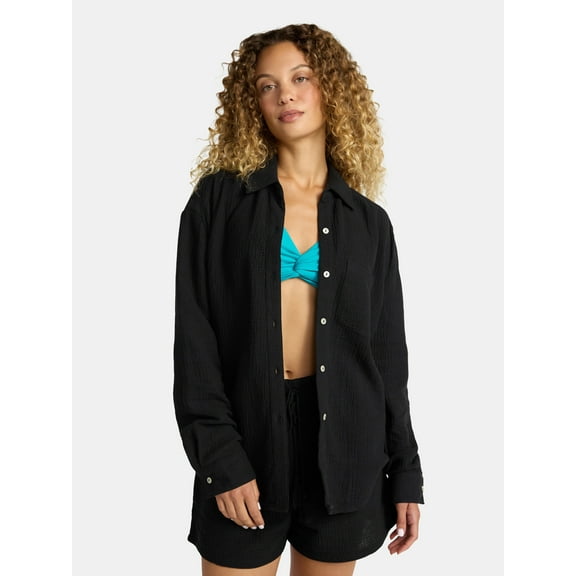 Time and Tru Women's and Women's Plus Cotton Button Up Coverup Shirt, Sizes XS-3X