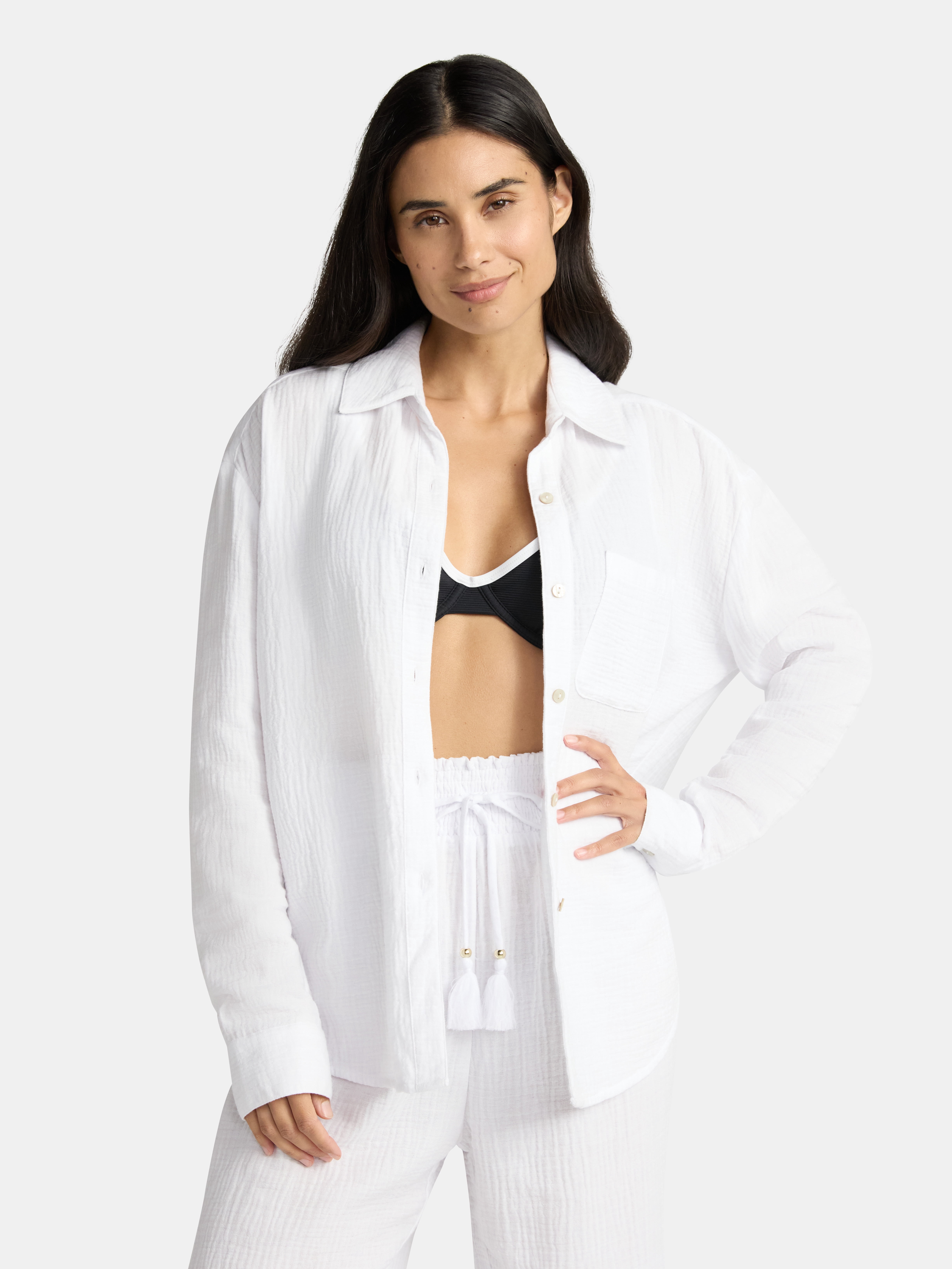 Time and Tru Women's and Women's Plus Cotton Button Up Coverup Shirt, Sizes XS-3X