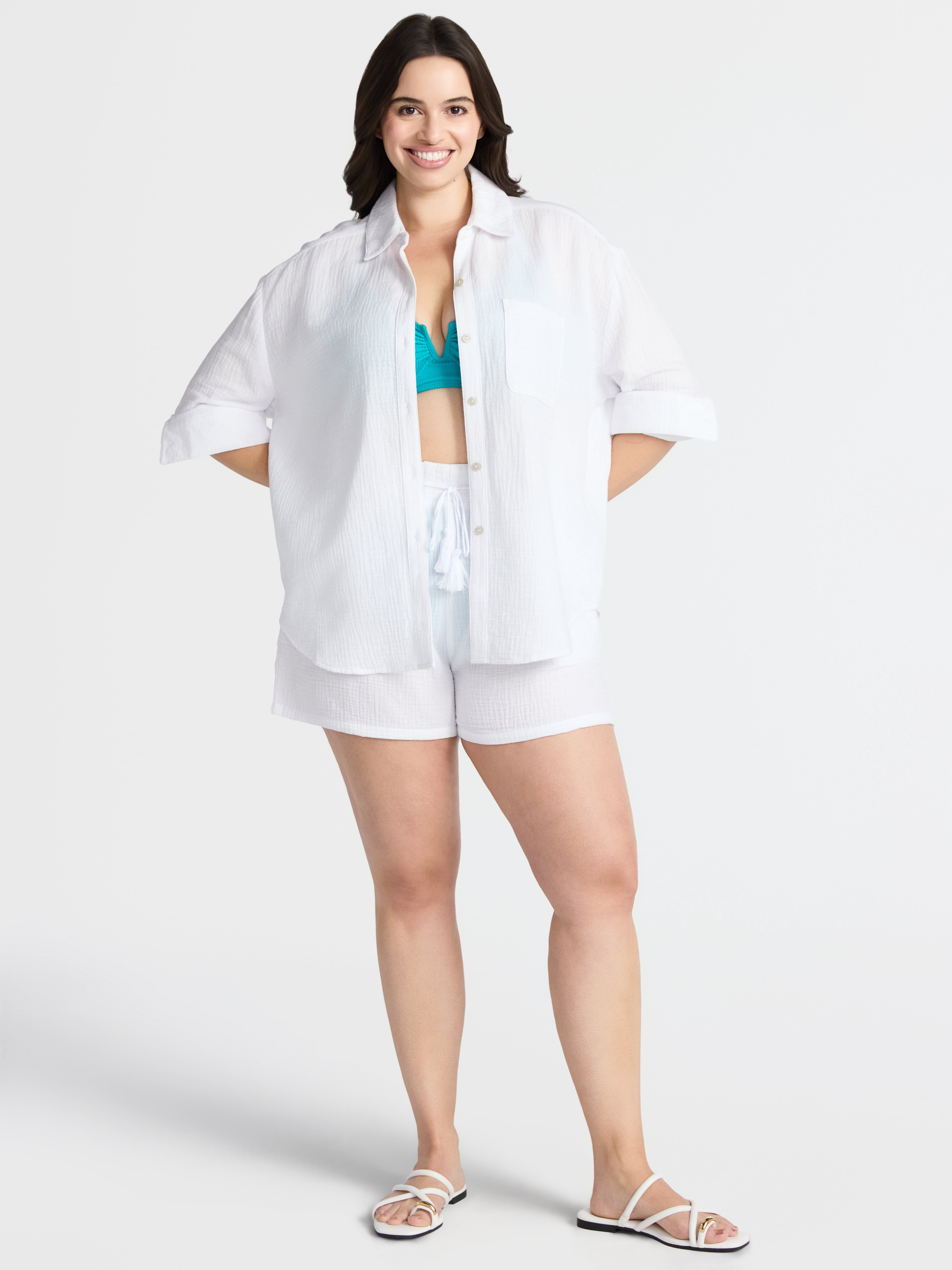Time and Tru Women's and Women's Plus Button Down Cotton Coverup Shirt, Sizes XS - 3X